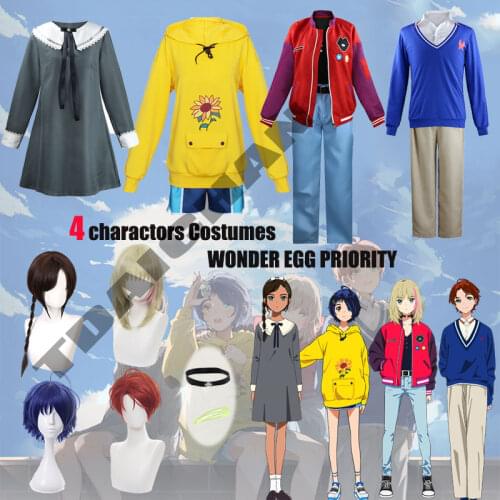Wonder Egg Priority Ai Ohto Cosplay Costume Yellow Hoodies Blue Shorts Dark Blue Short Wig Triangular Hair Clip Women Hoodies