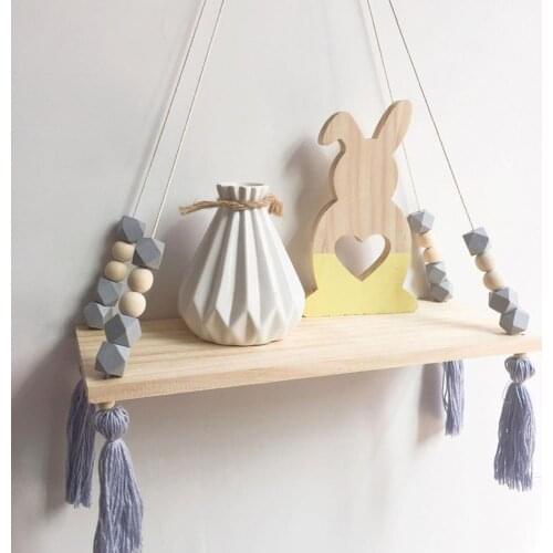 Wooden Tassel Beads Board Wall Hanging Holder Nordic Storage Shelf Wood Bedroom Rack Kid Room Ornaments Photo Props Home Decor