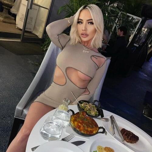 DSMTRC Summer Solid Fashion Knitting Dress Women O Neck Long Sleeve Sexy Hollow Out Streetwear Casual Lady Mini Bodycon Dresses