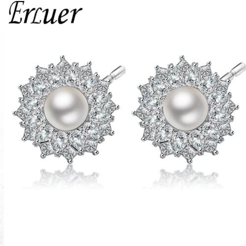 ERLUER silver color Zirconia Fashion Round Simulated-pearl Drop Earrings of woman Girls Wedding Party Brand Earring Jewelry