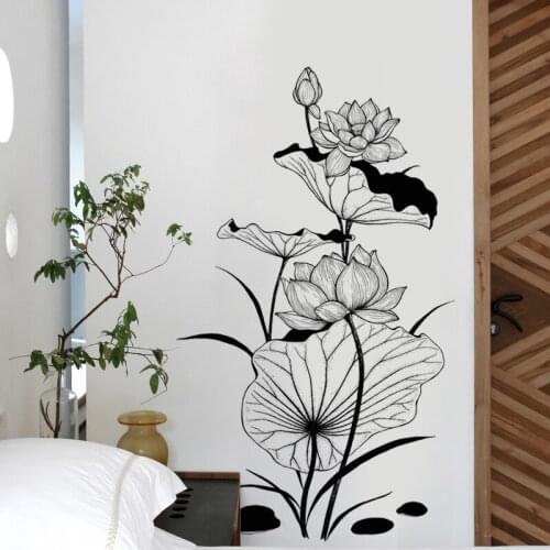 Chinese Geomantic Ink Lotus Wall Sticker Teenager Girls Room Decorative Vinyls Living Room Hand-painted Room Decals