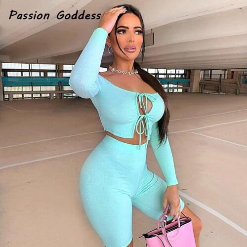 Two Pieces Bandage Long Sleeve Shirts Skinny Five Leggings Shorts Women Suits Slash Neck Tops Biker Shorts Outfits 2 Piece Sets