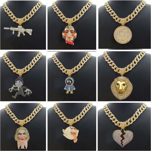Hip Hop Large Joker Broken Heart Lion Pendant & 18" Full Iced Miami Cuban Choker Chain Necklace
