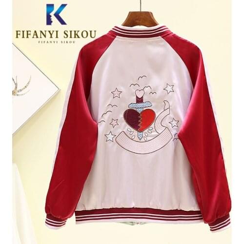 2020 Spring Women Embroidery Jacket Fashion Stand collar Zipper Long sleeve Bomber Jacket Female Loose Patchwork Jackets Coat