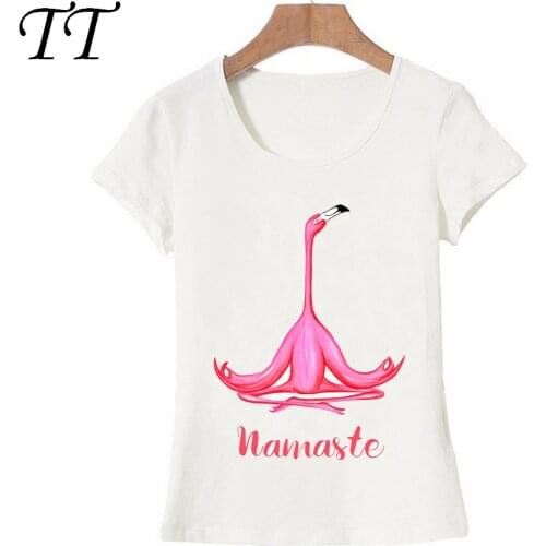 Meditating flamingo yogi and namaste T-Shirt Summer Women T-shirt Pink Flamingo Zen Art Print Casual Tops maiden Tees