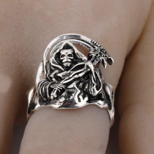 Men Skull Ring 925 Sterling Silver Skeleton Grim Reaper Return of Death Vintage Rock Style Ring for Men Fine Jewelry