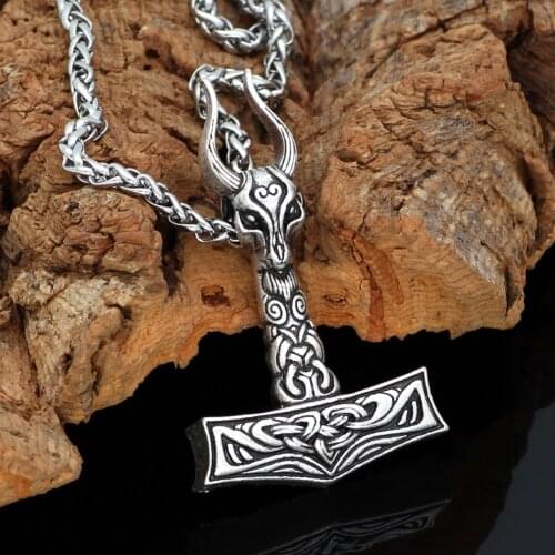 Men viking amulet goat skull odin thor hammer Mjolnir pendant necklace -with gift bag