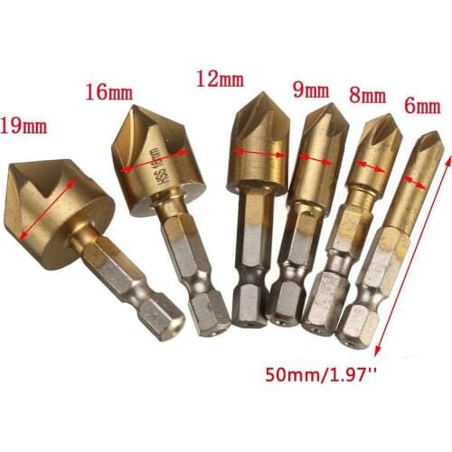 6PC Countersink Drill Bit Set 5 Flutes Counter Sink Chamfer Cutter Metal Working