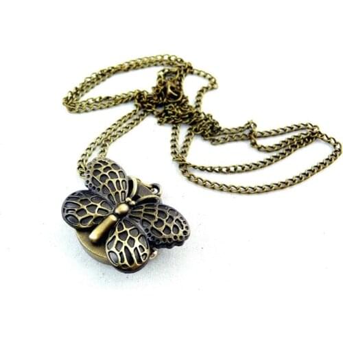 New Arrival Cute butterfly Pendant Vintage Chain Necklace Quartz Bronze pocket watch 12pcs/lot Pormotional Gift Free Shipping