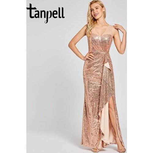 Tanpell presale sequins evening dress champagne v neck sleeveless floor length sheath gown lady party formal long evening dress