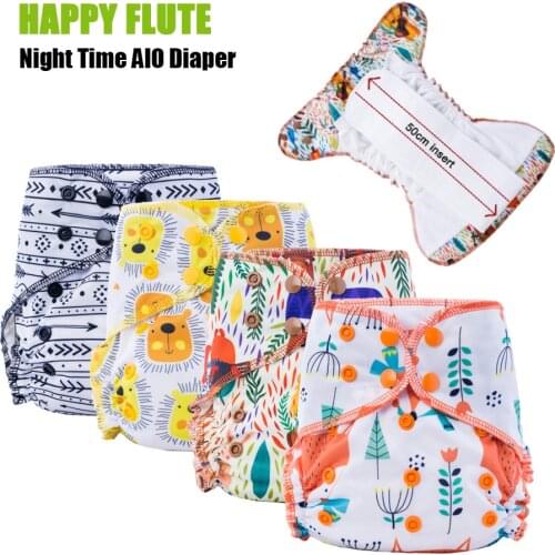 5Pcs Happy Flute Organic Bamboo Cotton Night Use AIO Cloth Diaper Heavy Wetter Over Night Baby Diapers Fit 3-15kg Baby