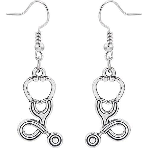 1 pair Tibetan Silver Medical Tool Stethoscope Dangle Charm Pendants Dangle Earring Women Jewellery