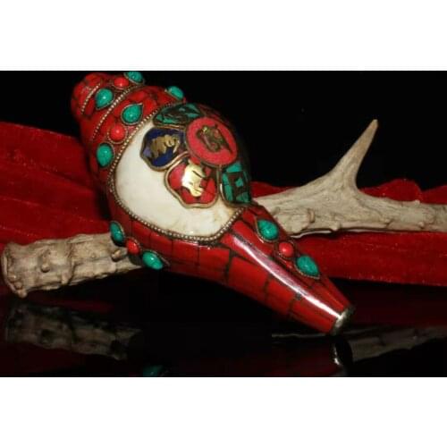 Rare Old Nepal inlaid turquoise & ruby conch ornaments