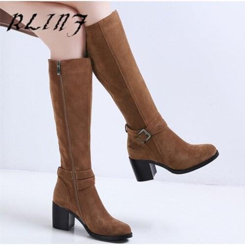 RLINF High Tube Plus Velvet Warm Thick with Belt Buckle Side Zipper with Sand Scrub Wild Boots