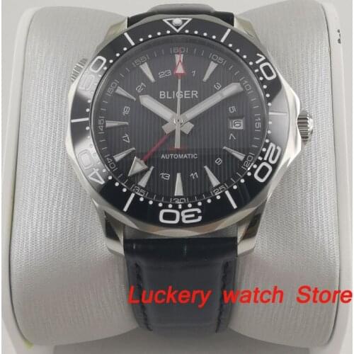 41mm bliger Luxury watch black dial Luminous saphire glass;Leather strap GMT Automatic mens Mechanical Watches-BA192