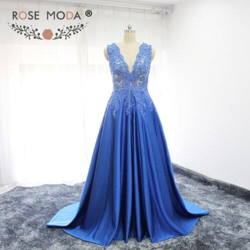 Rose Moda Sexy V Neck Blue Floor Length Prom Dress Formal Lace Prom Dresses Reflective Dresses 2019