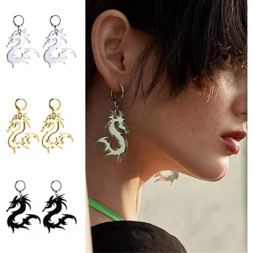 Dragon Earrings Women Men Punk Cool Arcylic Chinese Style Mirror Dragon Pendant Ear Jewelry Black Gold Color Hiphop Accessories