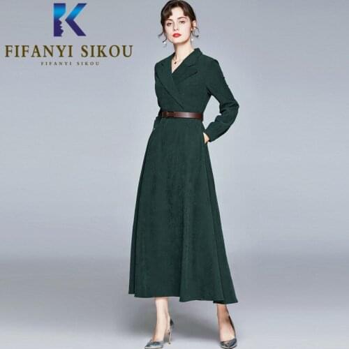 Autumn Winter Women Corduroy Dresses Pocket Lapel Long Sleeve Fashion High Waist Maxi Dress Ladies Elegant Party Dress With Belt