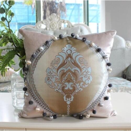 Modern Luxury Jacquard Floral Beige Blue Sofa Cushion Cover European French Country Beaded Home Decor Pillow Case Square