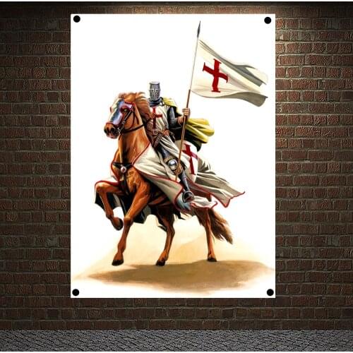Ancient Military Posters Templar Knight On Horse Banners Retro Print Art Crusader Flags Canvas Painting Wall Hanging Home Decor