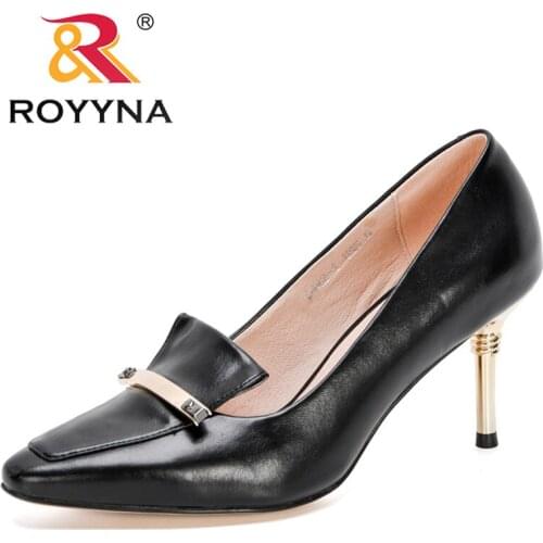ROYYNA 2020 New Designers Metal Heels Pumps Women Pointed Toe Metal Stiletto Wedding Boda Zapatos Shoes Ladies Office Footwear