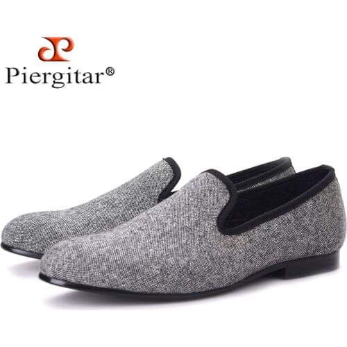 Piergitar Classic Handmade Tweed in interwoven grey and black men loafers Britain style men Casual shoes traditional men flats