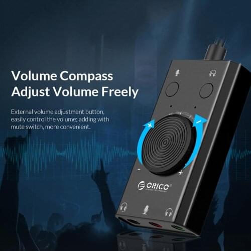 ORICO SC2 External USB Sound Card Volume Adjustable 3-Port Mic Headphone Audio Card Adapter for PC Supported OS for Windows