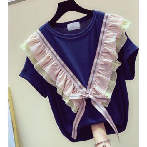 Summer T Shirt Women New Korean Style Ruffles Shirts T-shirt Student Loose Coloured Ruffles T-shirts Bow Tops Tees Harajuku