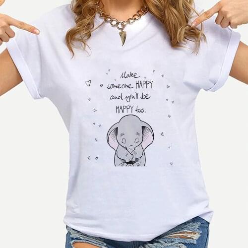 Women Graphic Fashion Casual Cute Vintage Lady Tees Elephant Dumbo Make Someone Happy and You'll Be Happy Too Print Unisex Tops