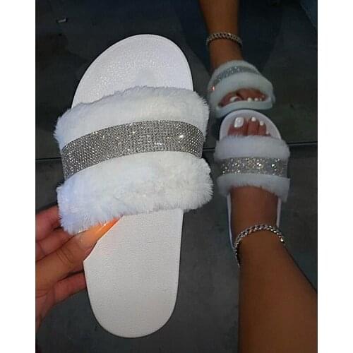 Hot Summer Sexy Real Fox Fur Slippers With Diamond Chain Furry Fluffy Slides Indoor Home Flat Shoes Women Casual Free Shipping
