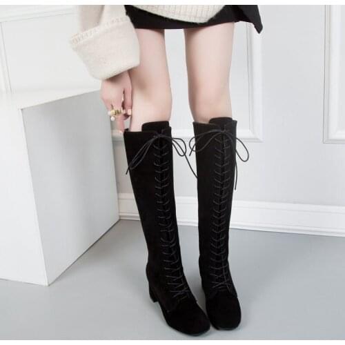 2021 Black Boots Women Shoes Knee High Women Casual Vintage Retro Mid-calf Boots Lace Up Thick Heels Shoes