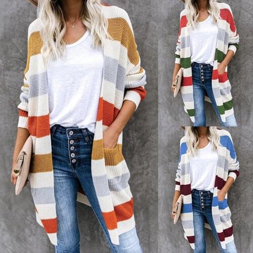 Women Fall Winter Loose Knit Stripe Cardigan Sweater Open Front Baggy Comfy Casual Long Style Outerwear with Pockets