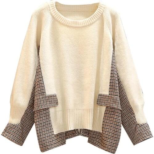 4XL Autumn Winter Womens Knitted Sweater Plaid Patchwork Fake Two-piece Wool Womens Color-blocking Asymmetric Sweater 2021 New