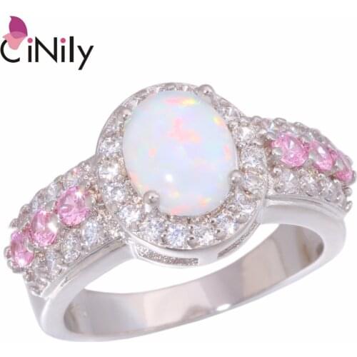 CiNily Created White Fire Opal Pink Zircon Cubic Zirconia Silver Plated Wholesale for Women Jewelry Gift Ring Size 7-9 OJ9274