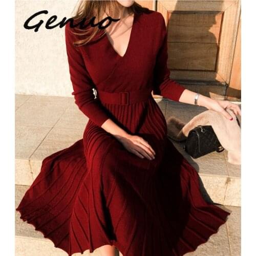 Genuo 2019 New Fashion Women Knitted Pleated Dress Fall Winter Long Sleeve Thick Sweater Dress Casual Sexy V Neck Sashes Dress