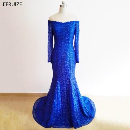 JIERUIZE robe longue Royal blue Lace Mermaid Evening Dresses Long Off the Shoulder long Sleeves Prom Dresses Formal Dresses