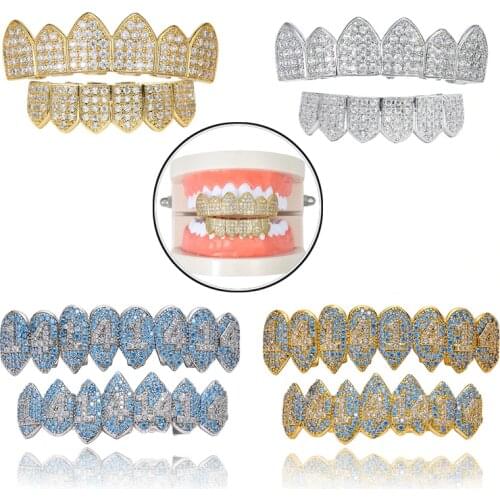 1414 Teeth Grillz Hip Hop Denture Bling AAA Cubic Eight Top Bottom Vampire Teeth Set For Gift Blue/Gold/Silver Color