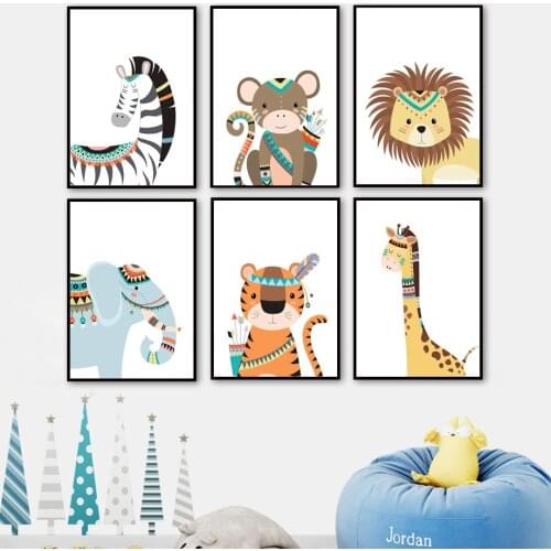 Bohemian Style Elephant Giraffe Zebra Lion Tiger Wall Art Print Canvas Painting Child Nordic Poster Decor Picture Baby Kids Room