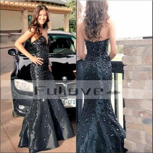 Modern Black Beaded Crystals Sweetheart Mermaid Evening Dresses Long 2019 Chest Slit Floor Length Formal Dress Vestidos De Festa