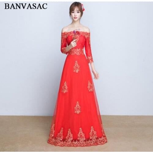 BANVASAC A Line Boat Neck 2018 Lace Appliques Long Evening Dresses Party Off The Shoulder Backless Prom Gowns