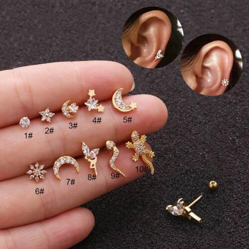 Goth Stainless Steel Ear Piercing Stud Cz Lizard Gecko Flower Moon Snake Cartilage Helix Conch Screw Back Earring Body Jewelry
