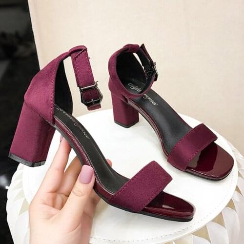 Classic Brand Sandalias Mujer 2020 Women High Heels Sandals Chunky Shoes Ladies Flock Work Shoes Open Toe Buckle Strap Sandales