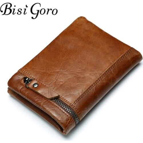 Bisi Goro 2019 Crazy Horse Genuine Leather Men Wallet Vintage Business Casual Coin Purses With Zipper Fashion Men Short Wallet