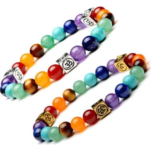 Square Alloy 7 Chakra Yoga Aura Energy Stone Colorful Bracelet 8mm Natural Stone Bracelet