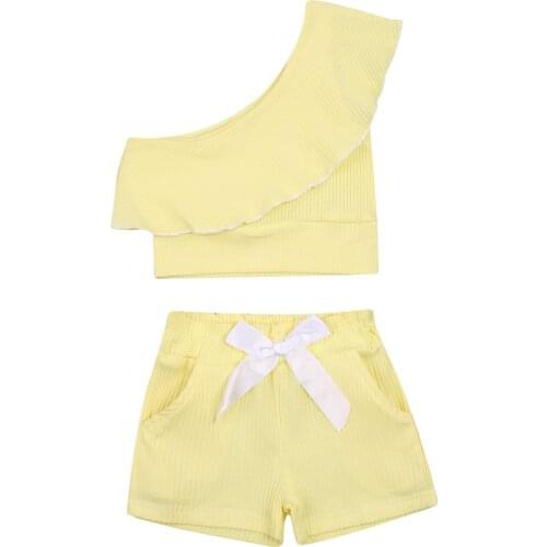 Summer 20212 Pieces Kids Little Girl Suit Set Solid Color One Shoulder Sleeveless Pullover Short Pants for Girls Yellow Pink