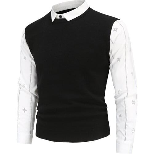 YM603 British Slim Fit Mens 2021 Autumn Winter Vacation Two Clothes Mens Shirt Collar Printed Sleeve Sweater