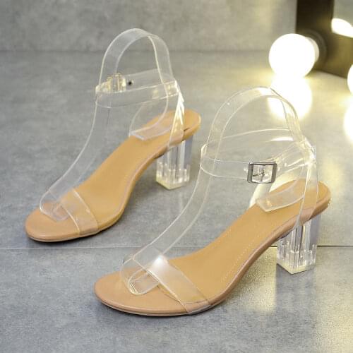 2021 New Transparent Heels Woman Summer Crystal High Heel Sandals One Word with Buckle Sexy Plus Size White Party Shoes 35-42