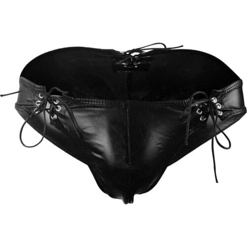 Bandage Mens Lingerie Patent Leather Underwear Underpants Sexy Male Male U Convex Briefs Adjustable Drawstring PU Panties A50