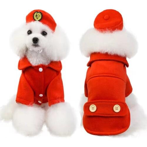 Dog clothes of uniform of the stewardess for teddy french bulldog pet clothing warm dog windbreaker autumn winter woolen coat