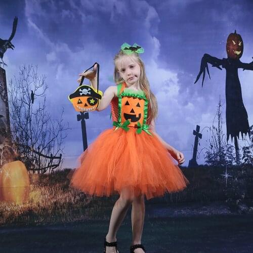 Orange Pumpkin Girls Halloween Costume Tutu Dress with Accessories Kids Baby Scary Costume Carnival Dress Up Tulle Dress Clothes